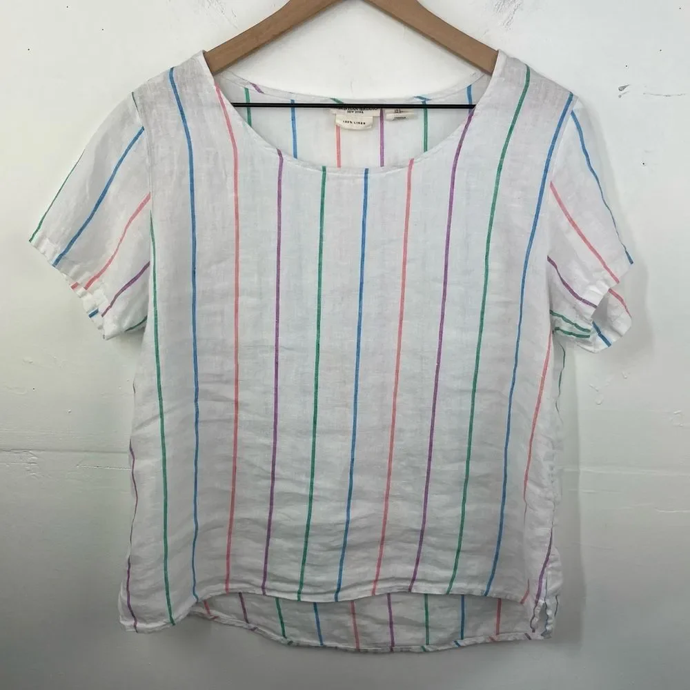 Christian Siriano 100% Linen Stripped Multicolor Top Short Sleeve size Small